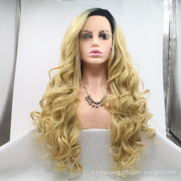 Vigorous ombre gold long premium high quality straight wave wholesale black women synthetic hair wigs with lace front